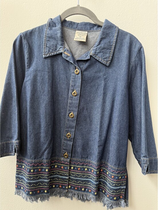 Tops - Vintage 90s Alison Daley Embroidered Fringe Denim Shirt 100% Cotton Boho Medium